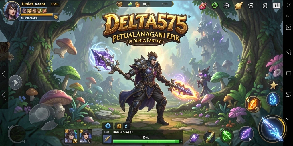 Tangkapan layar utama DELTA575 menampilkan pertarungan seru di dunia fantasi.