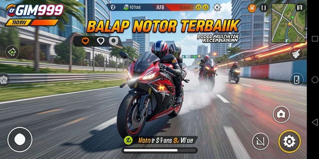 Gameplay seru GIM999 saat balapan motor di lintasan menantang.