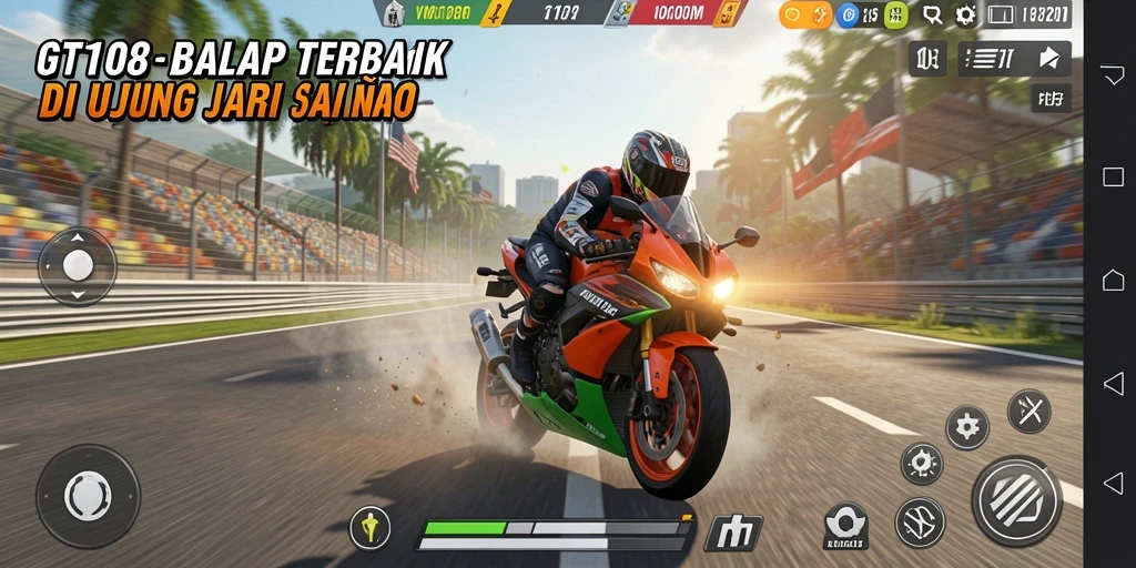 Gameplay GT108 yang seru dengan balapan motor yang menegangkan.