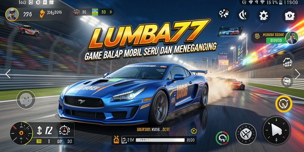Screenshot gameplay seru LUMBA77 dengan mobil balap yang melaju kencang.