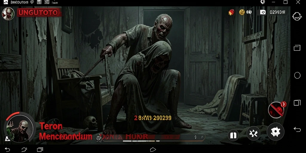 Tangkapan layar gameplay UNGUTOTO menampilkan suasana horor yang mencekam.