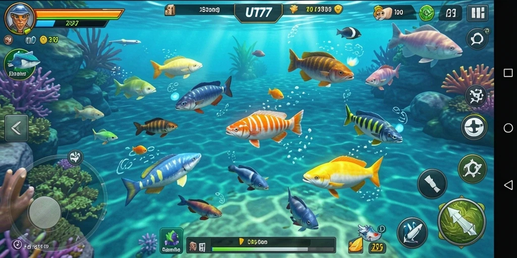 Tampilan gameplay seru di UT77 dengan berbagai ikan untuk ditangkap.